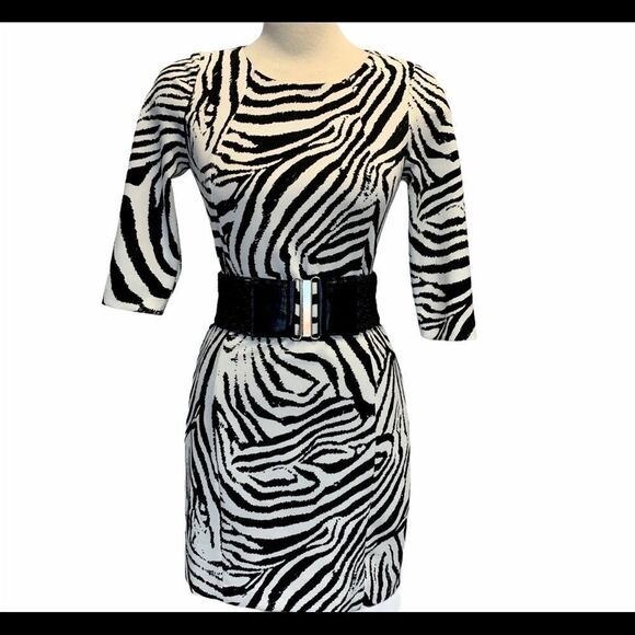 ZARA black White long Sleeve Zebra Print Bodycon cocktail mini Dress Sz M - Picture 8 of 13